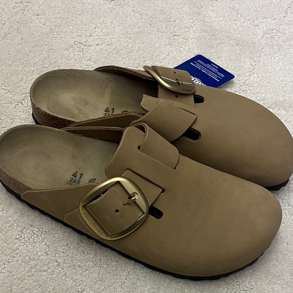NWT 10 Birkenstock Boston Tobacco Leather Clogs with Gold Big Buckle